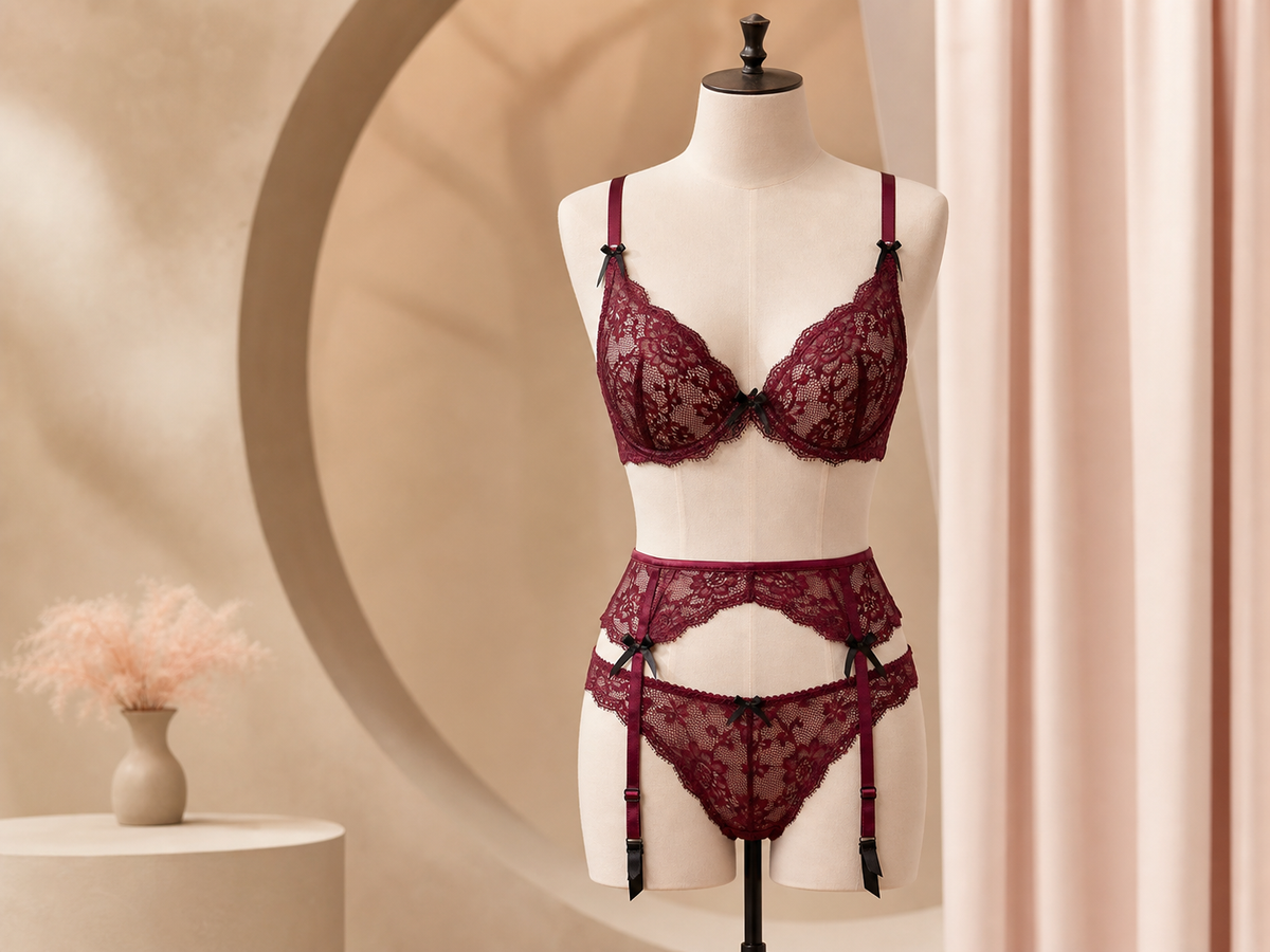 Burgundy lace lingerie set with bra, garter belt and panties on a mannequin