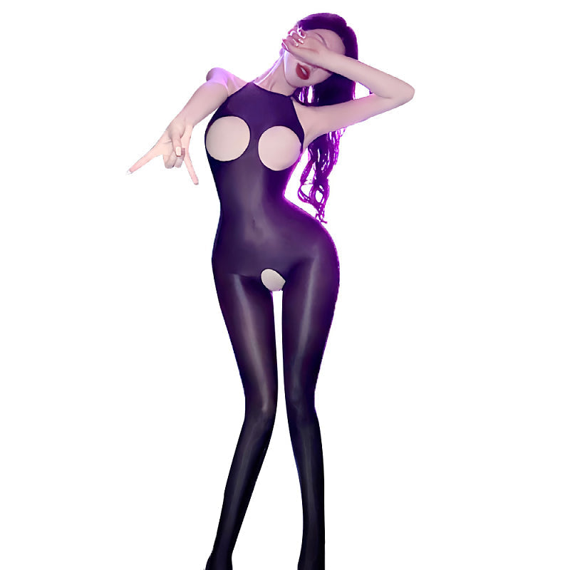 Long-Sleeve Glossy Sheer Bodystocking - front view
