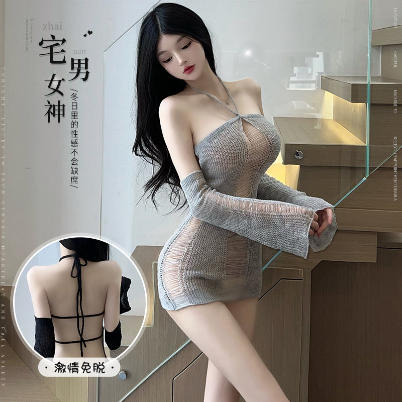 Cross-Strap Deep-V Backless Knit Lingerie Top - front view