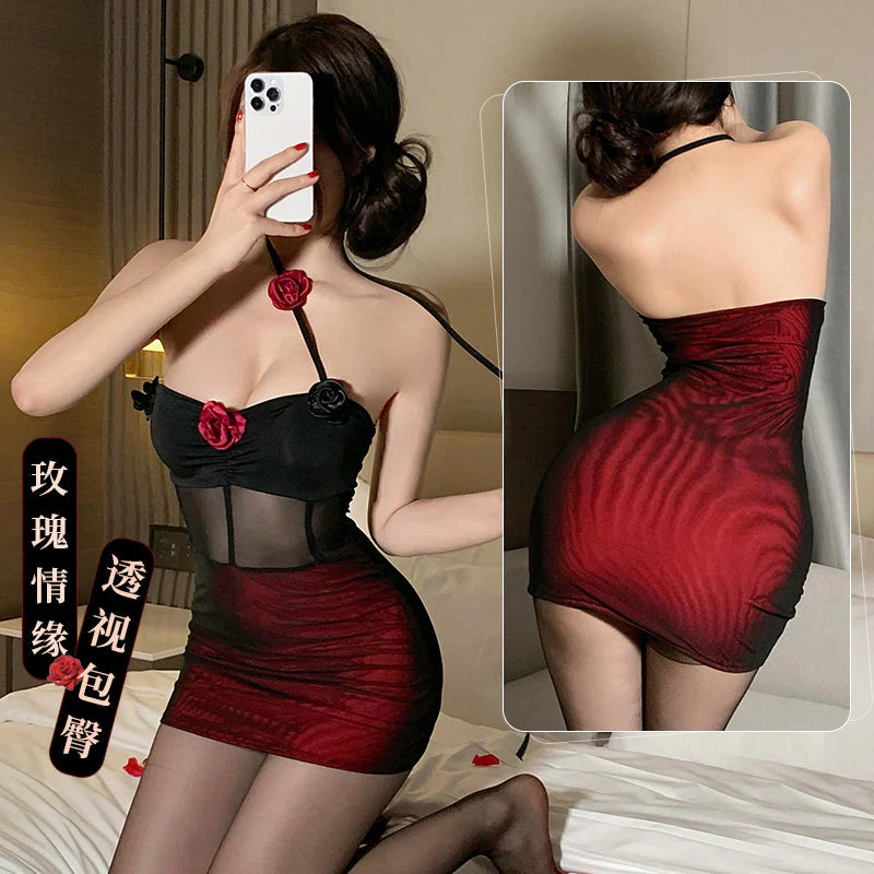 Dark Rose Ruched Mesh Mini Dress