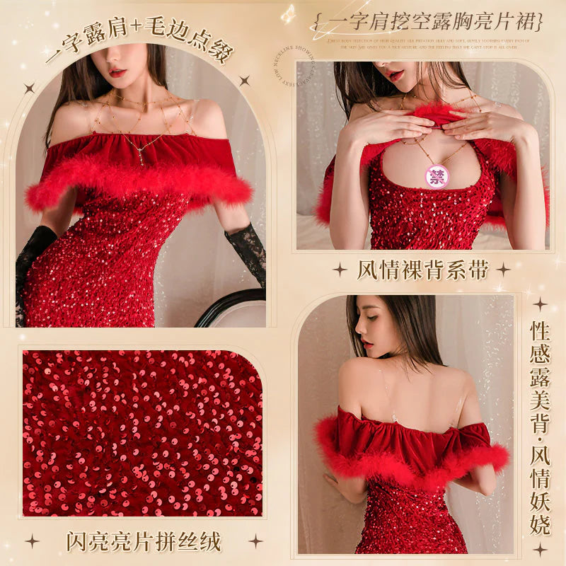 Red Sequin Off-Shoulder Mini Dress - image 2