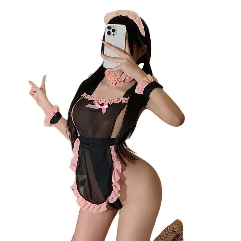 Pink & Black Sheer Maid Lingerie Set - isolated product-on-model view