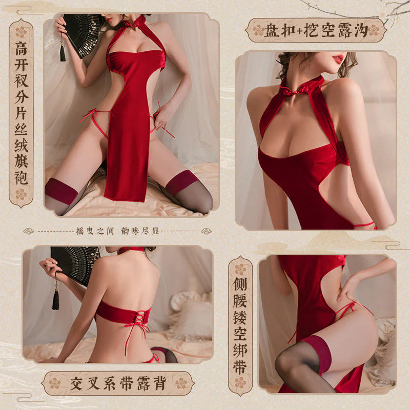 Red Velvet Cutout Qipao Dress - image 2