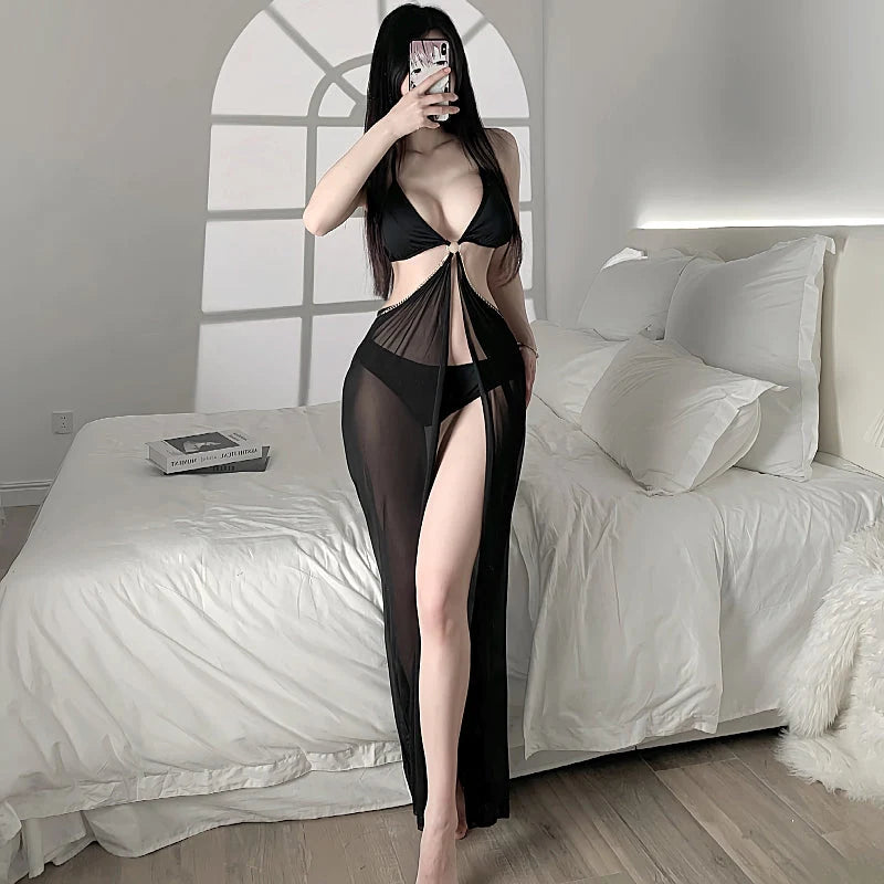 Black Sheer Deep-V Lingerie Dress Set